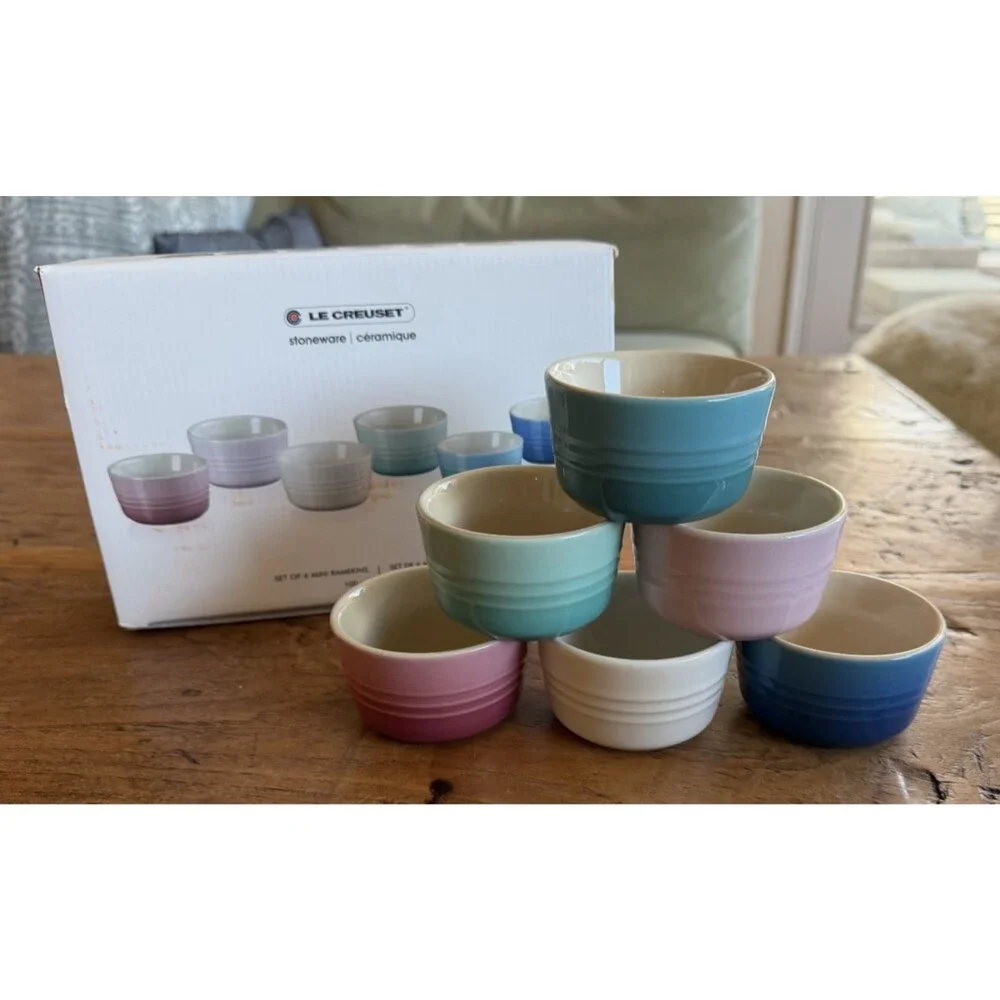 Le Creuset Stoneware Multicolor Set of 6 3.5oz Mini Ramekins Rose Q Mint NEW
